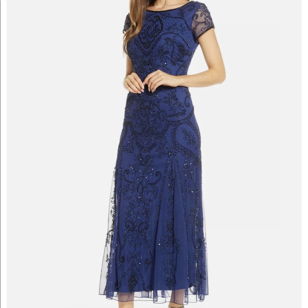 Pisarro Nights Embellished Mesh Gown Blue Navy